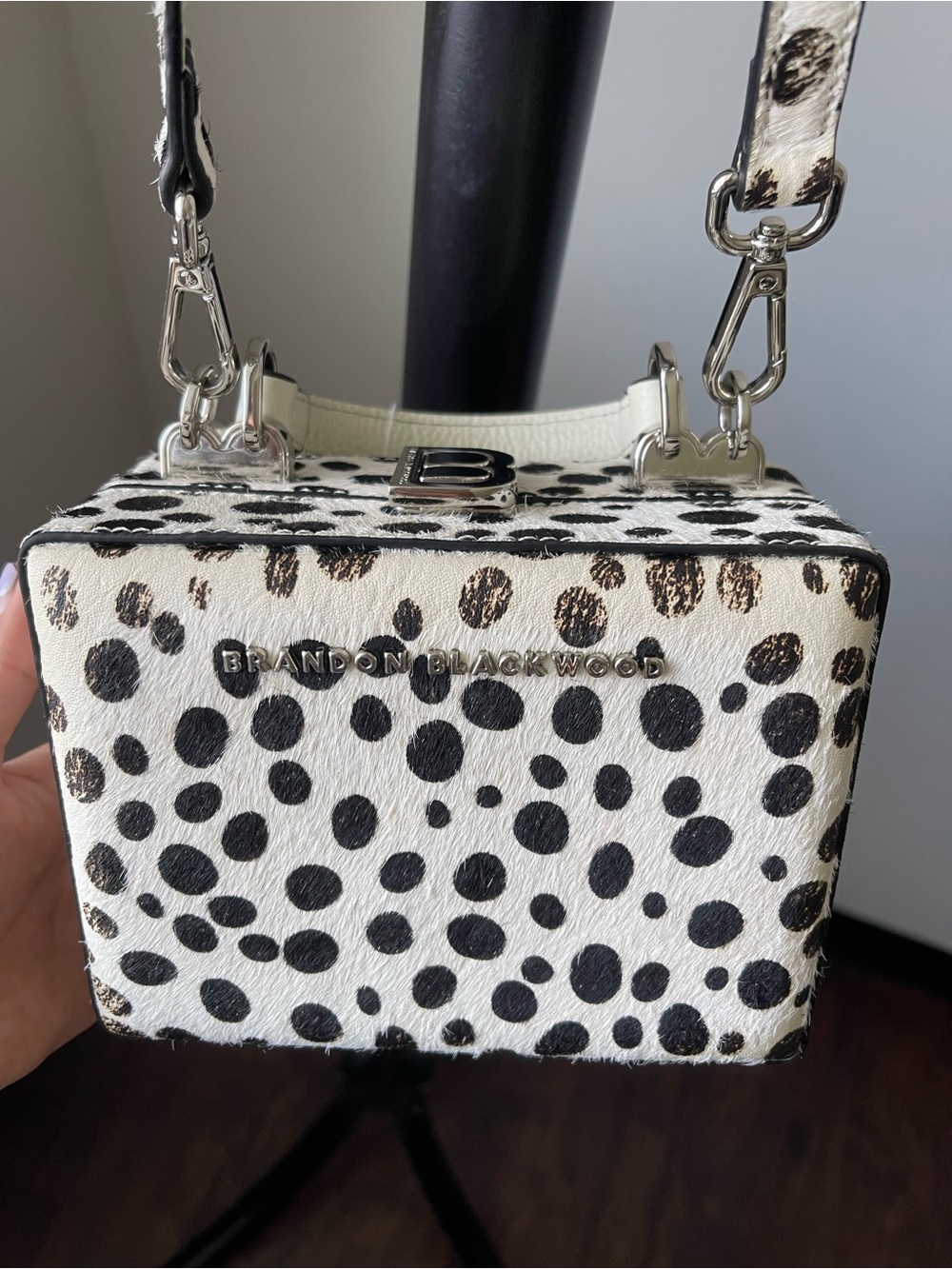BRANDON BLACKWOOD MINI KENDRICK TRUNK W/SILVER HARDWARE DALMATIAN PRINT PONYHAIR
